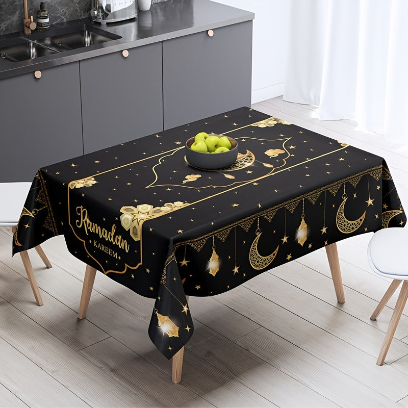 Eid Mubarak Polyester Tablecloth, 180x140cm Ramadan Kareem Black Table Cover for Islamic Muslim parties and home celebrations.