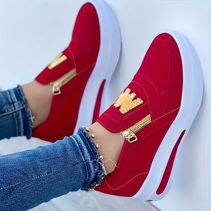 Red slip-on sneakers for women with zipper, low top style, lightweight, PU cover sole, white and golden accents.