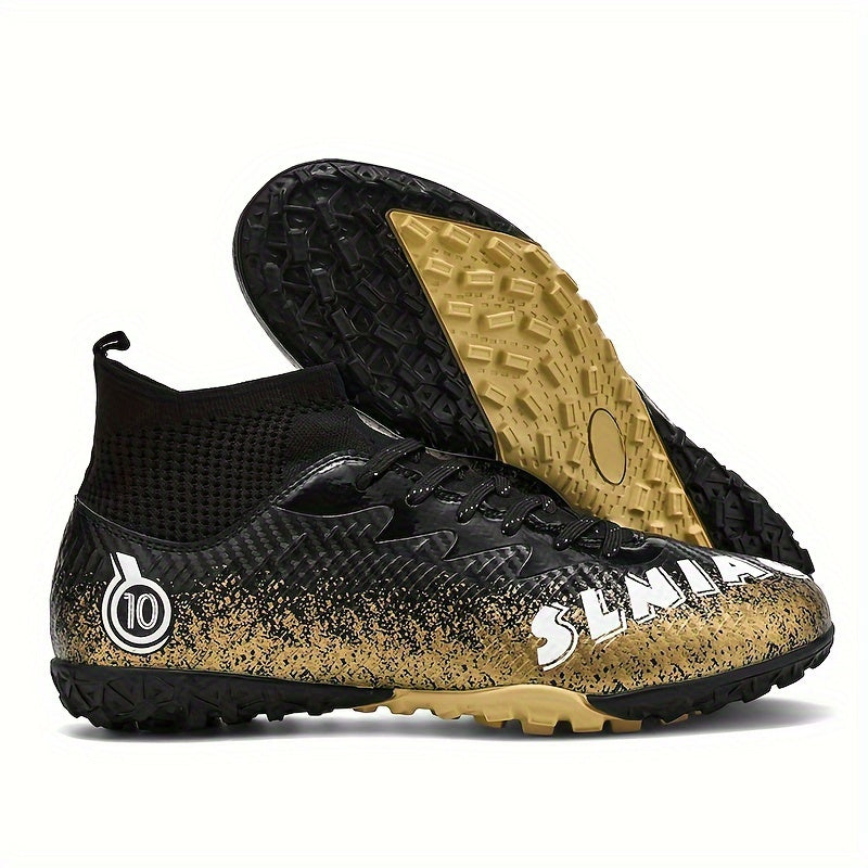 Men's high top turf football boots, outdoor anti-skid, breathable lace-up TF soccer cleats.