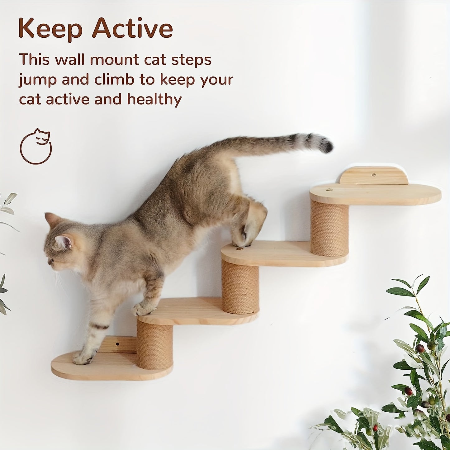 Rustic solid wood cat climbing shelves with sisal-covered posts for indoor cats.