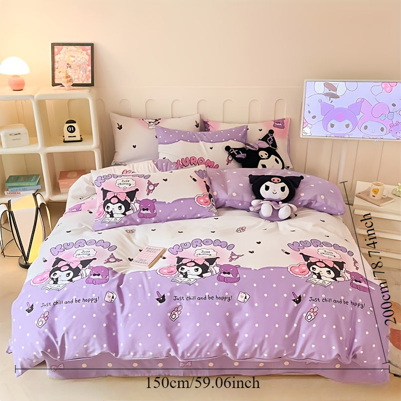 4-piece Sanrio bedding set includes 1 quilt cover, 2 pillowcases, and 1 sheet. Soft, comfortable, and durable. Bedding set measures 200.0cm * 230.0cm and is purple in color. Quilt and