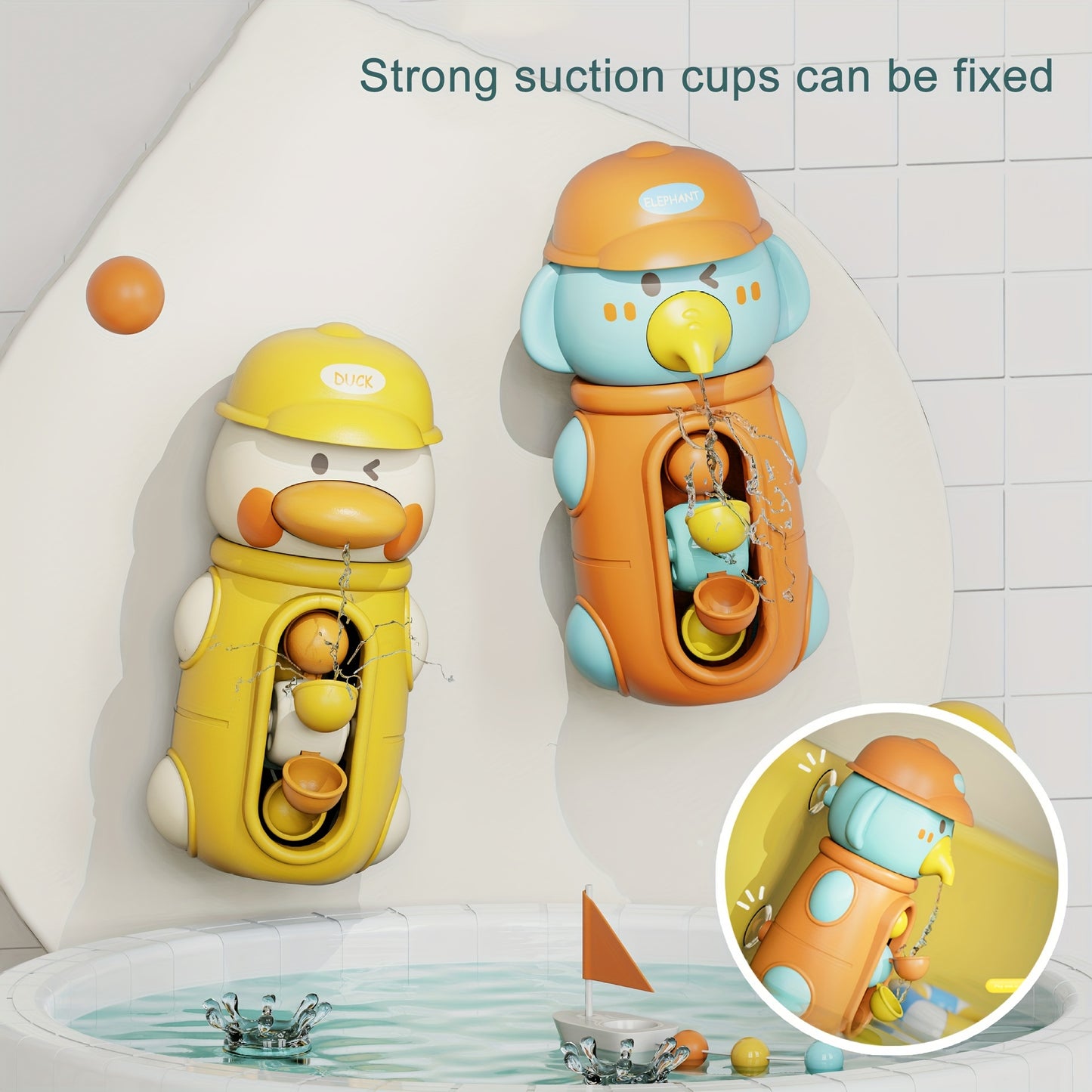 Cute duck and elephant bath toys with waterwheel spinner, suction cup attachment. Ideal birthday gift for children.