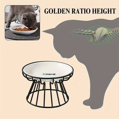 Raised ceramic cat bowl with anti-slip iron stand for comfortable and spine-friendly eating.