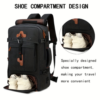 Sleek men's travel backpack with shoe compartment, fits 43.94cm laptop, suitable for casual hiking and business trips.