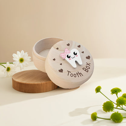 Cute wooden tooth box with secure closure for storing lost teeth, featuring playful dental design and decorative engraving.