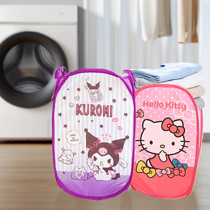 Kawaii and adorable Sanrio storage bag featuring Hello Kitty and Kuromi. This foldable organizer can be used for storing dirty clothes or as a laundry basket.