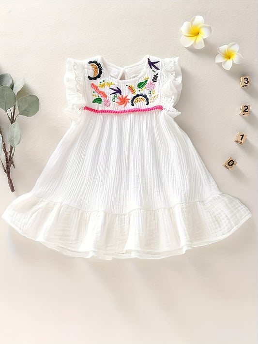 Cotton muslin dress with ethnic pattern embroidery for baby girls, perfect for summer and spring as a gift.