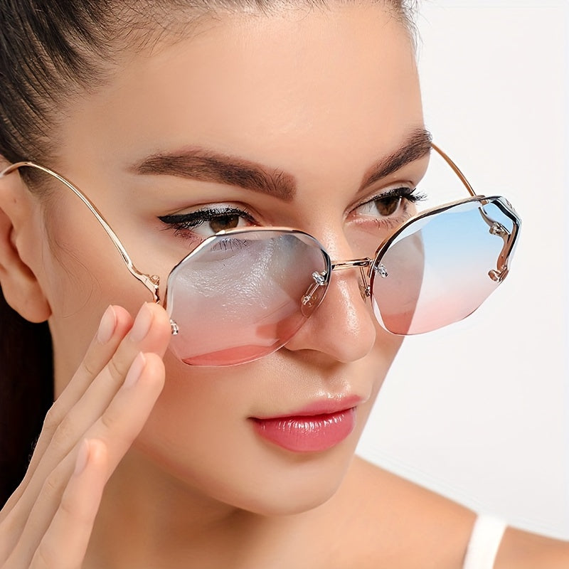 Luxury frameless round glasses for women with stylish gradient lenses and metallic finish.