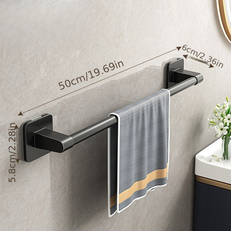 Alloy towel bar for easy installation. Wall mounted with no drilling needed. Available in 30.48cm, 40.64cm, and 50.8cm sizes. Ideal for bathroom storage.