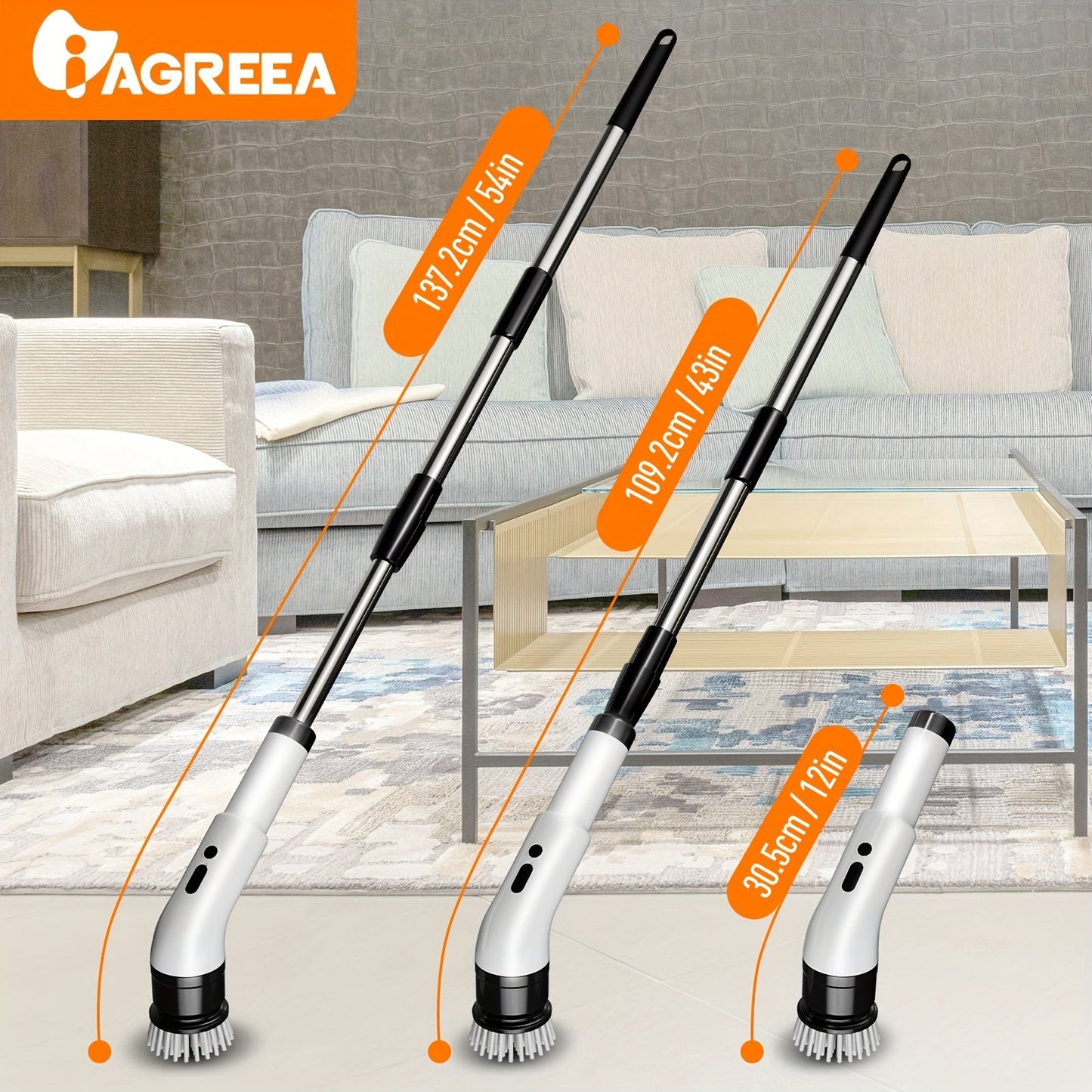 Introducing the IAGREEA Electric Rotating Washer, an innovative cleaning tool with 3 adjustable speeds. This cordless electric rotating brush comes with 9/6 interchangeable brush heads and an adjustable extended handle. Perfect for cleaning tiles