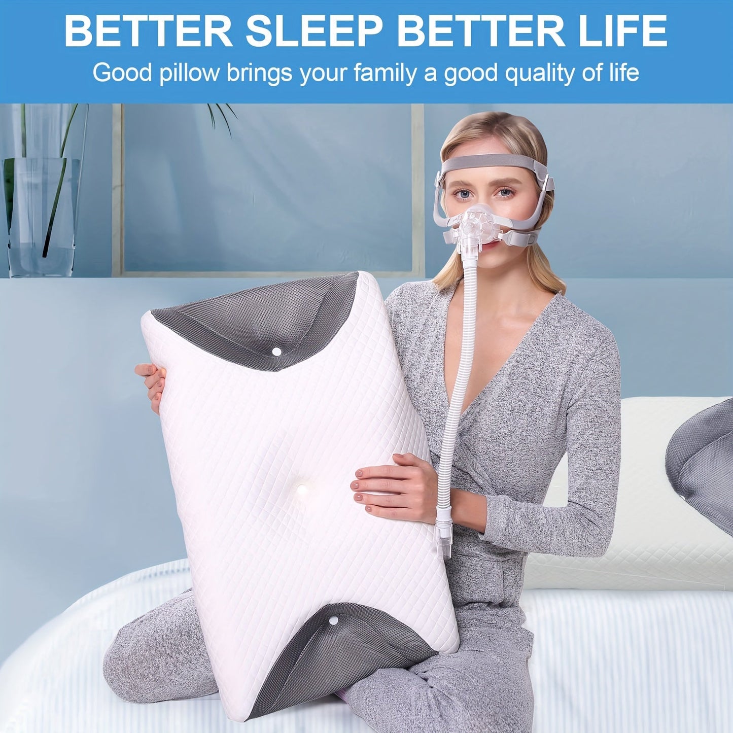 Get a 1-piece memory foam pillow designed specifically for side sleepers. This cervical pillow is perfect for relaxation and ideal for those using CPAP machines. Say goodbye to air leaks, hose tangles, and mask pressure with this Sleep Apnea Pillow. It