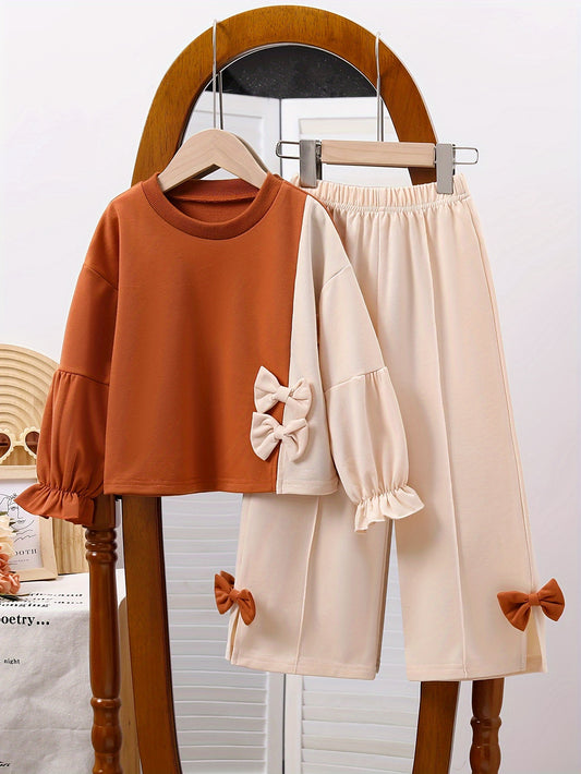 Girls' Spring and Autumn Fashion Two-Piece Set: Long-sleeved Top with Bow + Slit Leggings, Casual and Cute style, Suitable for Daily Outings and Parties.