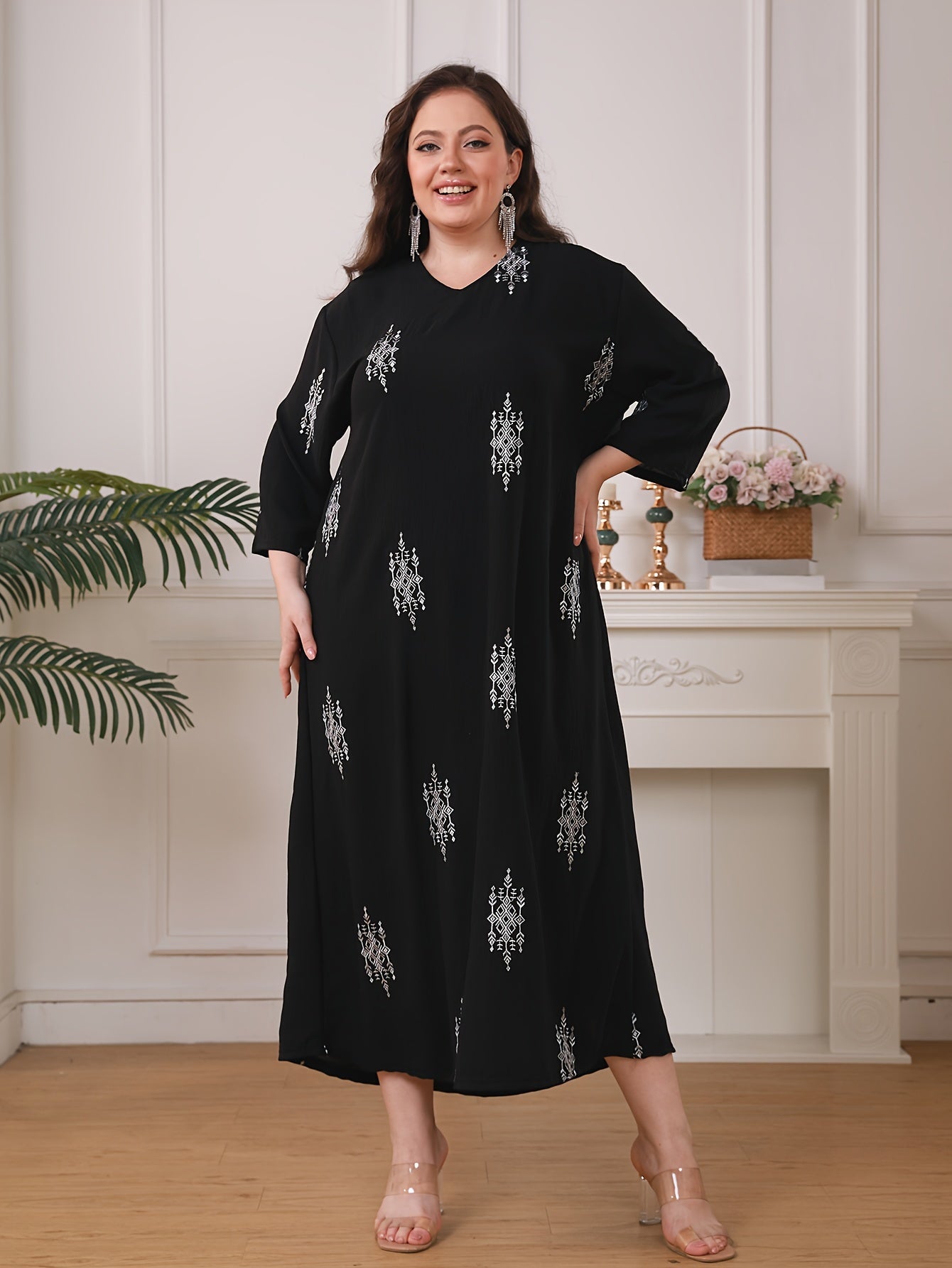 Stylish embroidered maxi dress with 3/4 sleeves, loose fit, woven polyester, machine washable, ideal for summer.