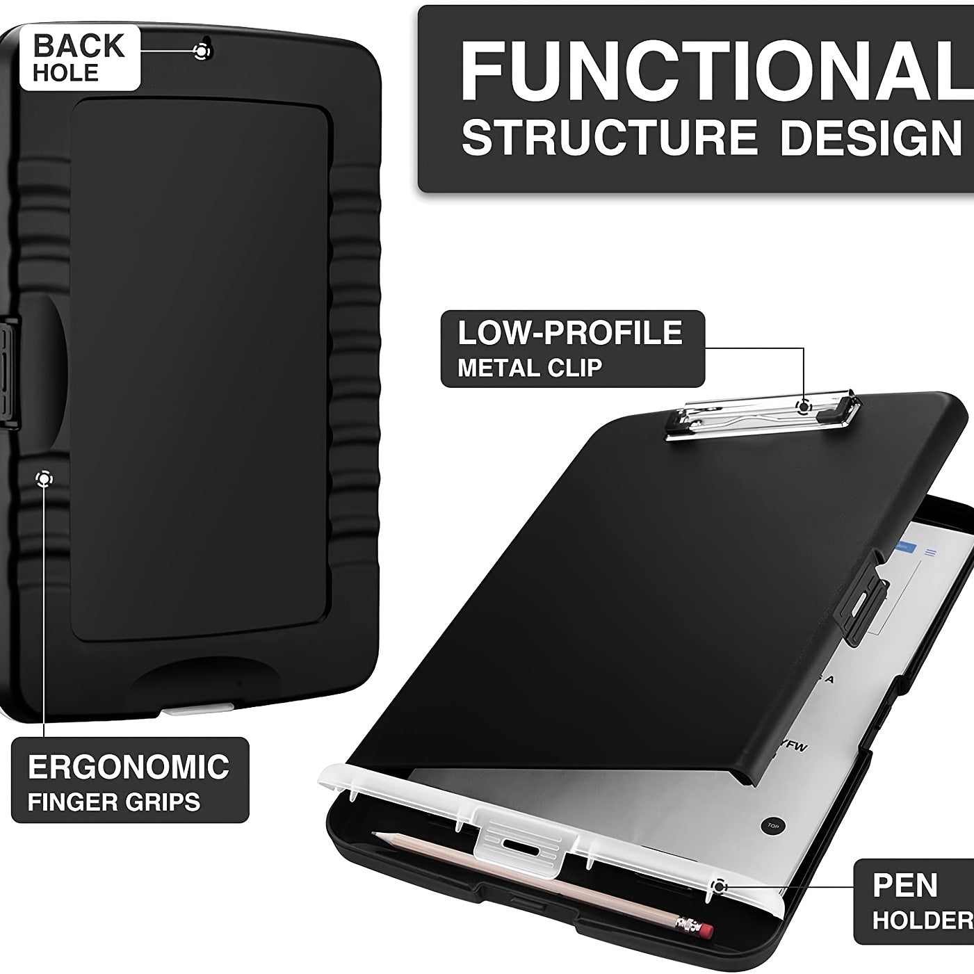 Large capacity storage splint with pencil holder, heavy duty plastic, lower clip, side opening for easy writing at office.