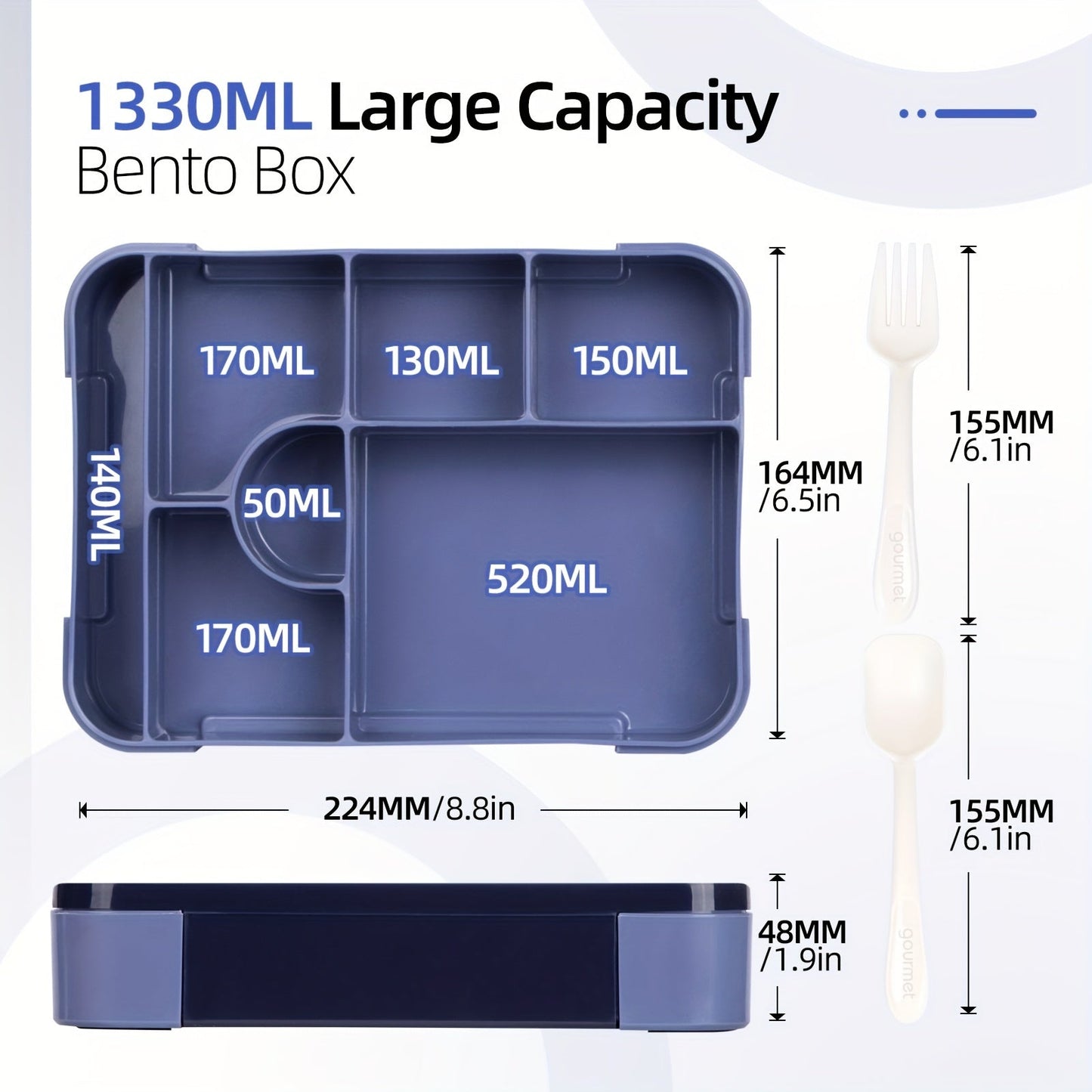 Leak-proof Bento Lunch Box with 7 Compartments - Perfect for Students and Adults on the Go! Includes Food Container, Cutlery Set, and Holds 1330ml. Suitable for School, Office, Outings, Microwave, and Dishwasher Safe.