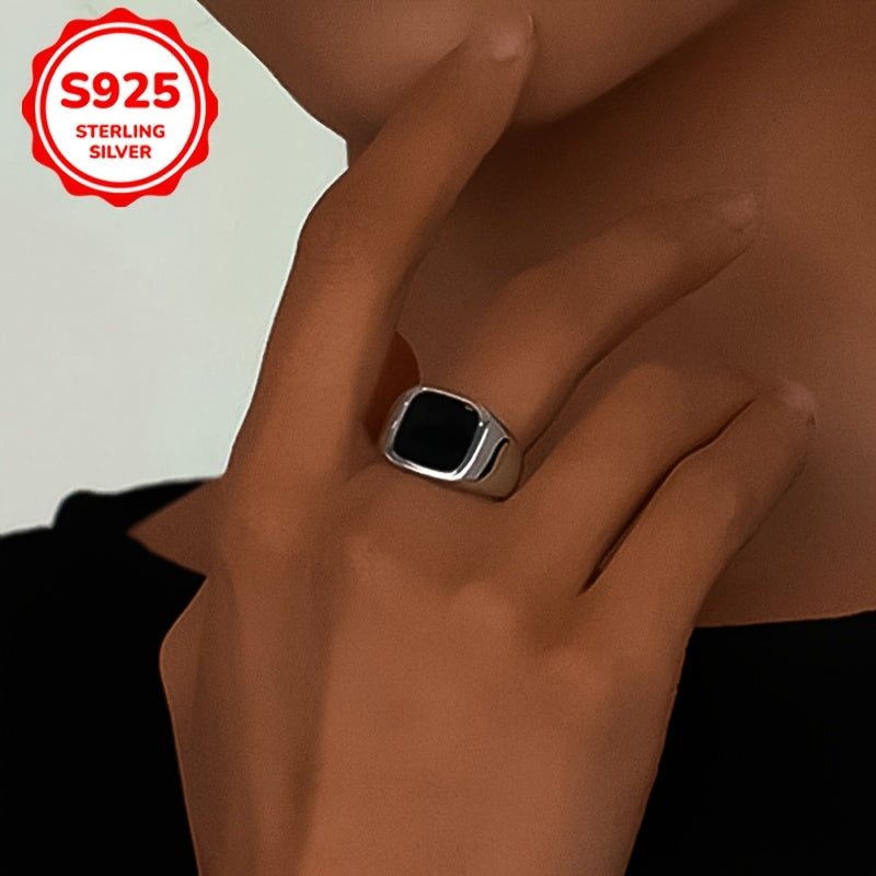 925 Silver Unisex Geometric Black Square Ring with Middle Eastern Design, Open-End Style, Lightweight at 4g/0.141oz