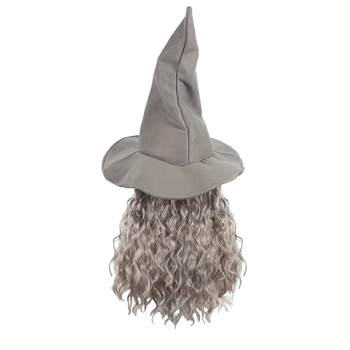 Ideal for Halloween and cosplay, this set includes a gray wizard hat with a long curly wig and beard that are heat resistant.