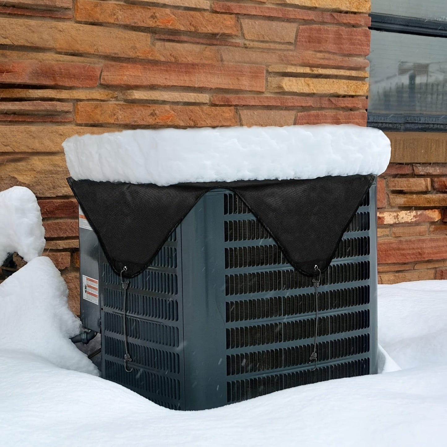 Heavy duty universal outdoor air conditioning unit cover with waterproof top and elastic cord for secure fit. Made from durable PP & ABS material, this cover does not require electricity and effectively protects against leaves, debris, snow, and rain.