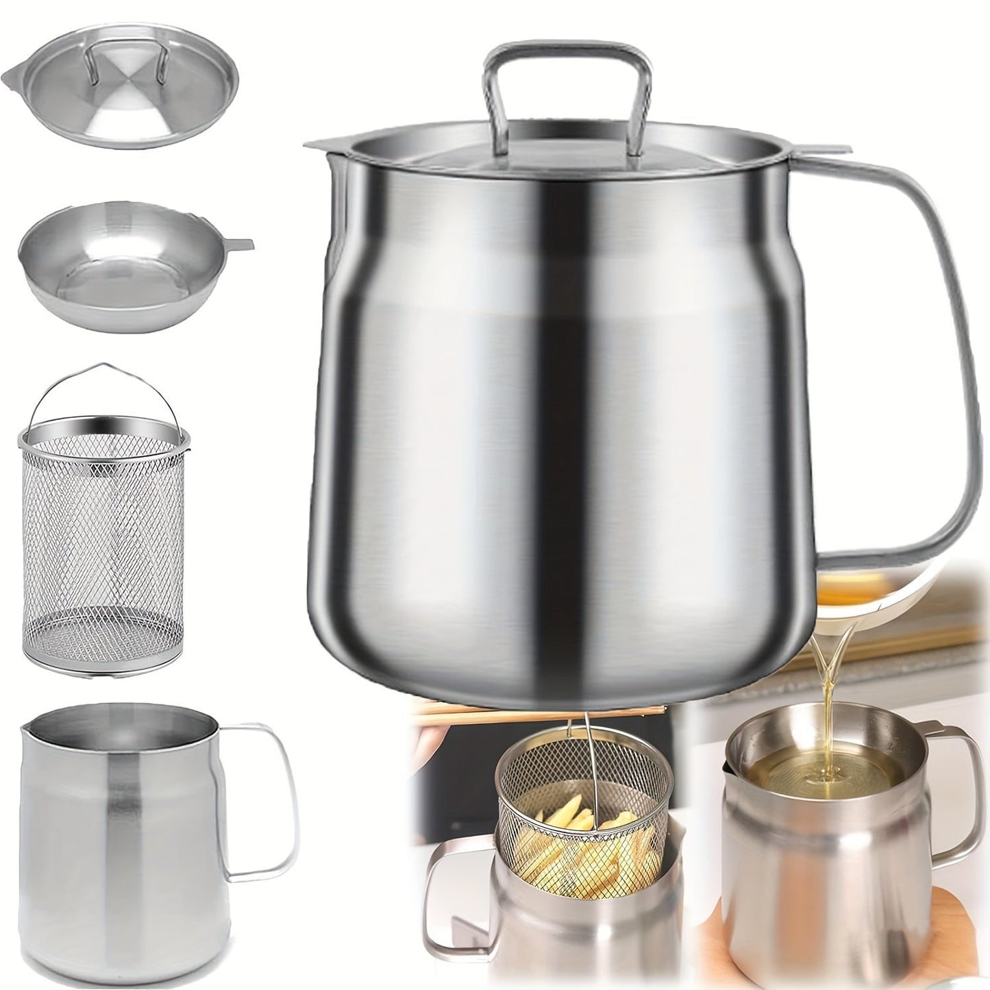 Stainless Steel Oil Filter Pot with Mesh Strainer- Large Capacity, 304 Stainless Steel Oil Pot with Dust Cover and Leakage Net- Multi-functional Kitchen Tool for Frying and Filtering- Essential Kitchen Accessory