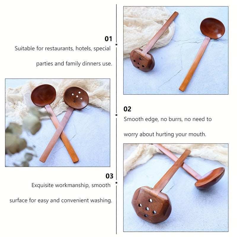 Handcrafted Wooden Soup Ladle/Spoon with Long Bamboo Handle - Kitchen Utensil for Food Contact - Ideal for Straining and Serving Hot Pot