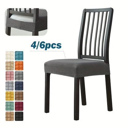 Stretchable dining chair covers made from a blend of elastic spandex and polyester, machine washable with contemporary design. Fits most chairs (42/66cm width) for chair protection. Ideal for modern home decor.