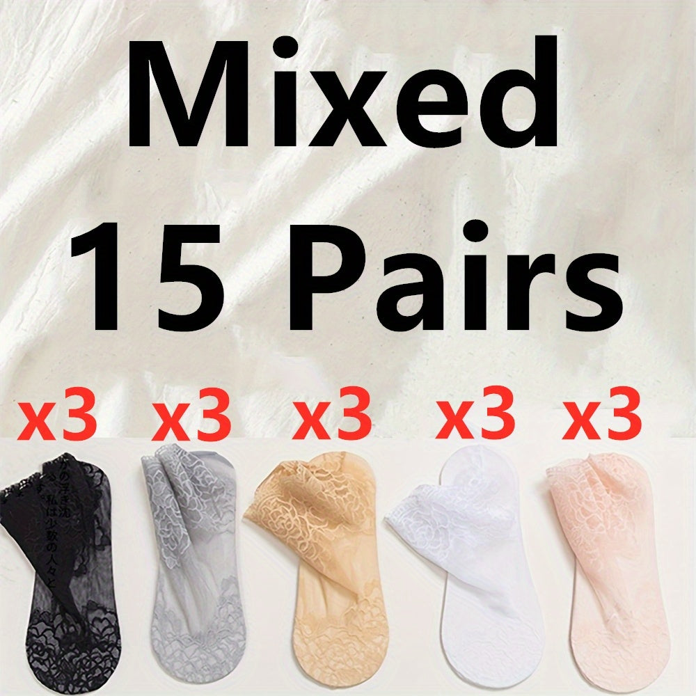 5 pairs of women's invisible boat socks featuring geometric-pattern lace floral trim, made of 95% polyester and 5% spandex knit fabric. Hand washable with contrast lace ankle socks.