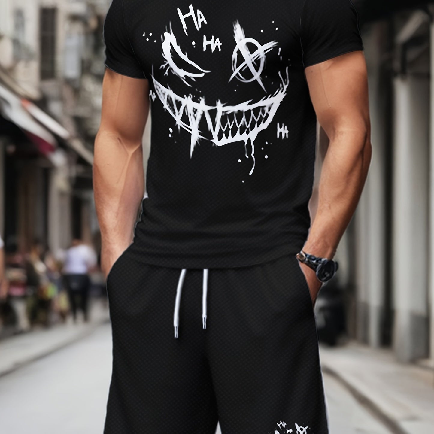 Men's casual short sleeve t-shirt and shorts set with all-over print. Made of polyester with slight stretch, this crew neck pullover is perfect for summer outdoor activities.