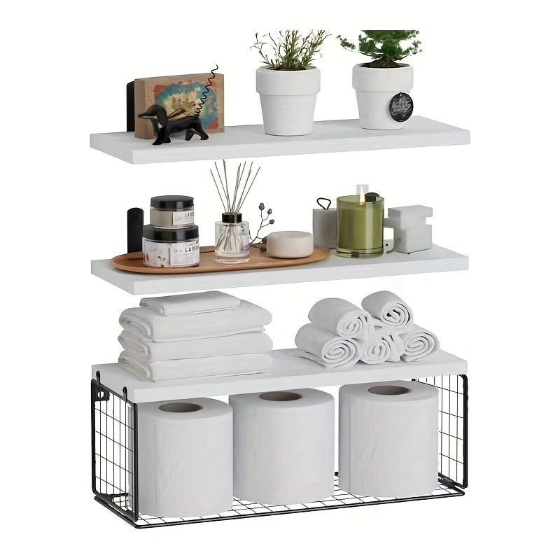 Wooden floating storage rack with paper towel and toilet paper baskets for bathroom organization and country home decor.