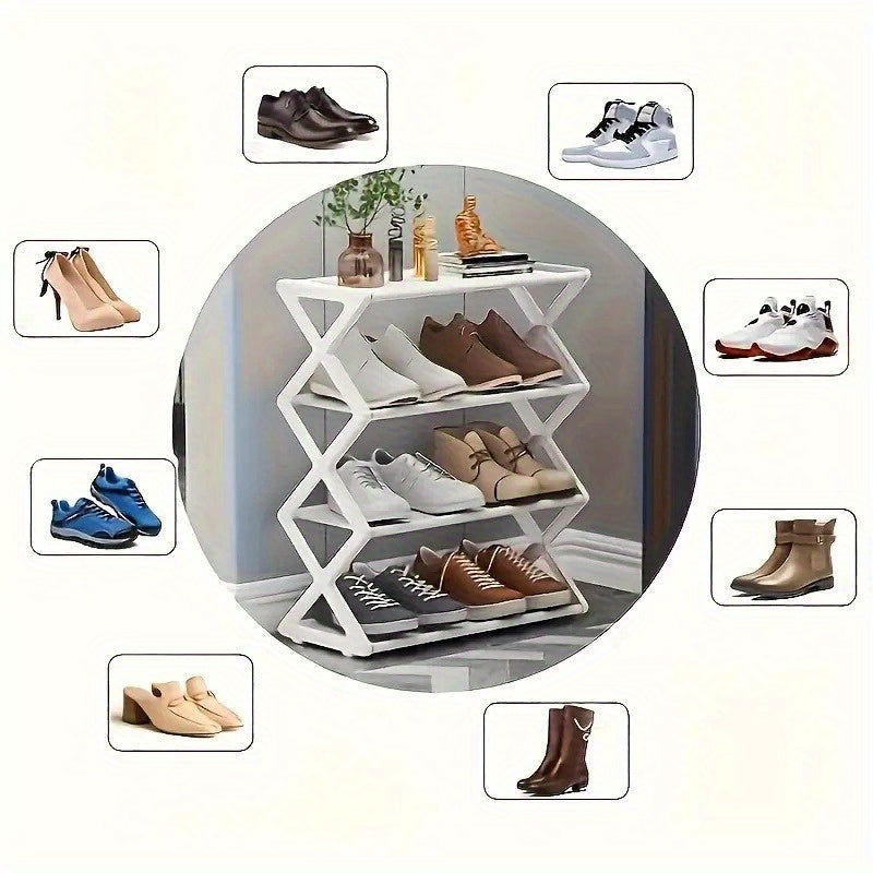 Contemporary Black Plastic Shoe Rack Organizer with 4 Tiers, Foldable Design for Space-Saving. Sturdy Frame, No Electricity Required. Perfect for Closet, Entryway, Bedroom, Floor, or Outdoor Use.