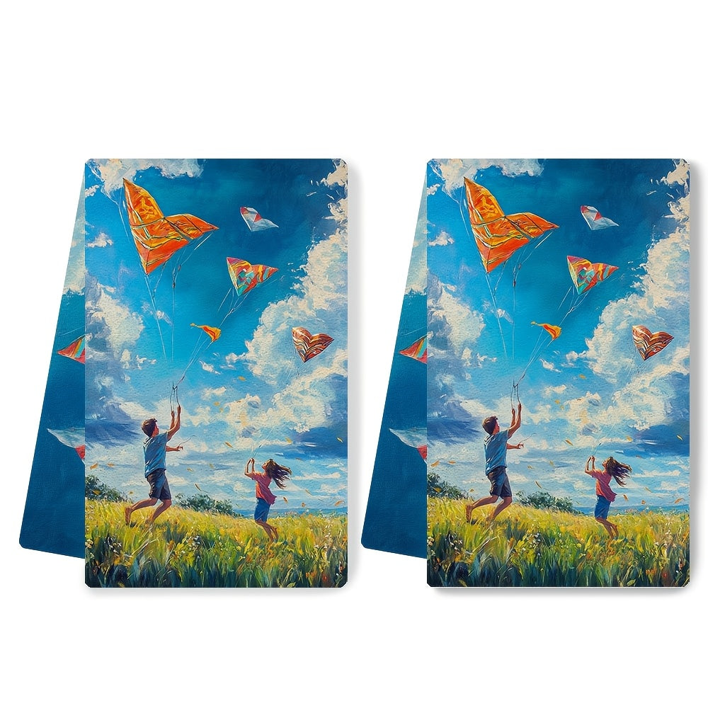 Set of 2 Ultra Soft Kitchen Towels featuring a charming scene of a couple flying colorful kites in a large open field. The kites are in various shapes, including a heart-shaped one. The couple is running around joyfully, trying to get their kites higher