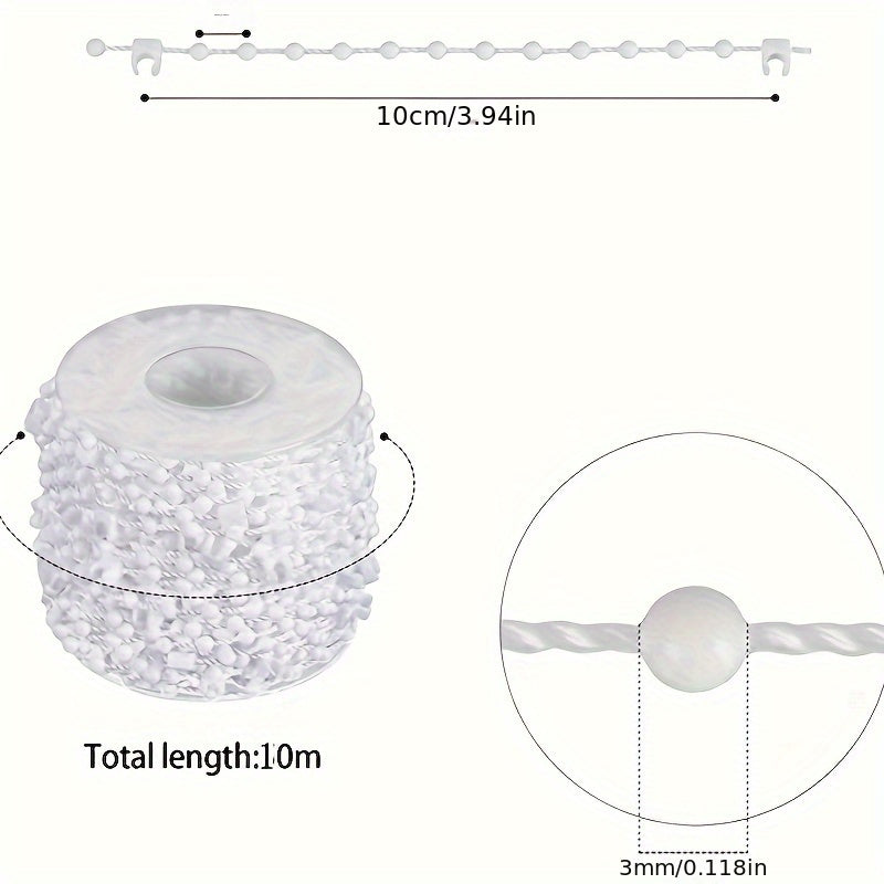 1 piece of 10-meter long beaded chain for vertical blinds, suitable for roller blinds. This white chain is a replacement accessory for vertical blinds.