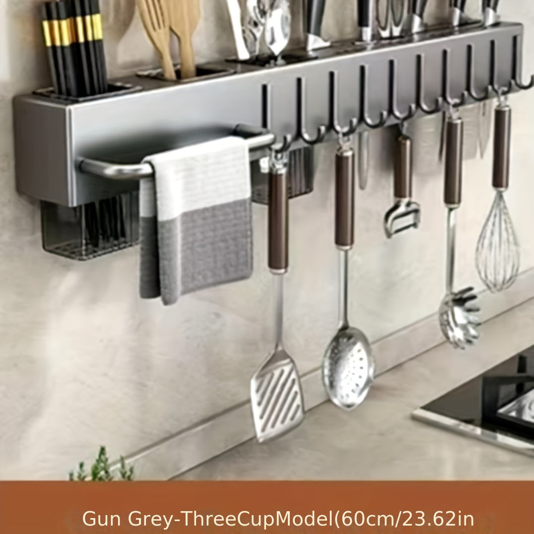 This multi-functional knife storage rack is made of high-quality premium carbon steel and does not require punching for installation. It can store kitchen knives, forks, spoons, woks, spatulas, rags, and chopsticks in one place with dry and wet