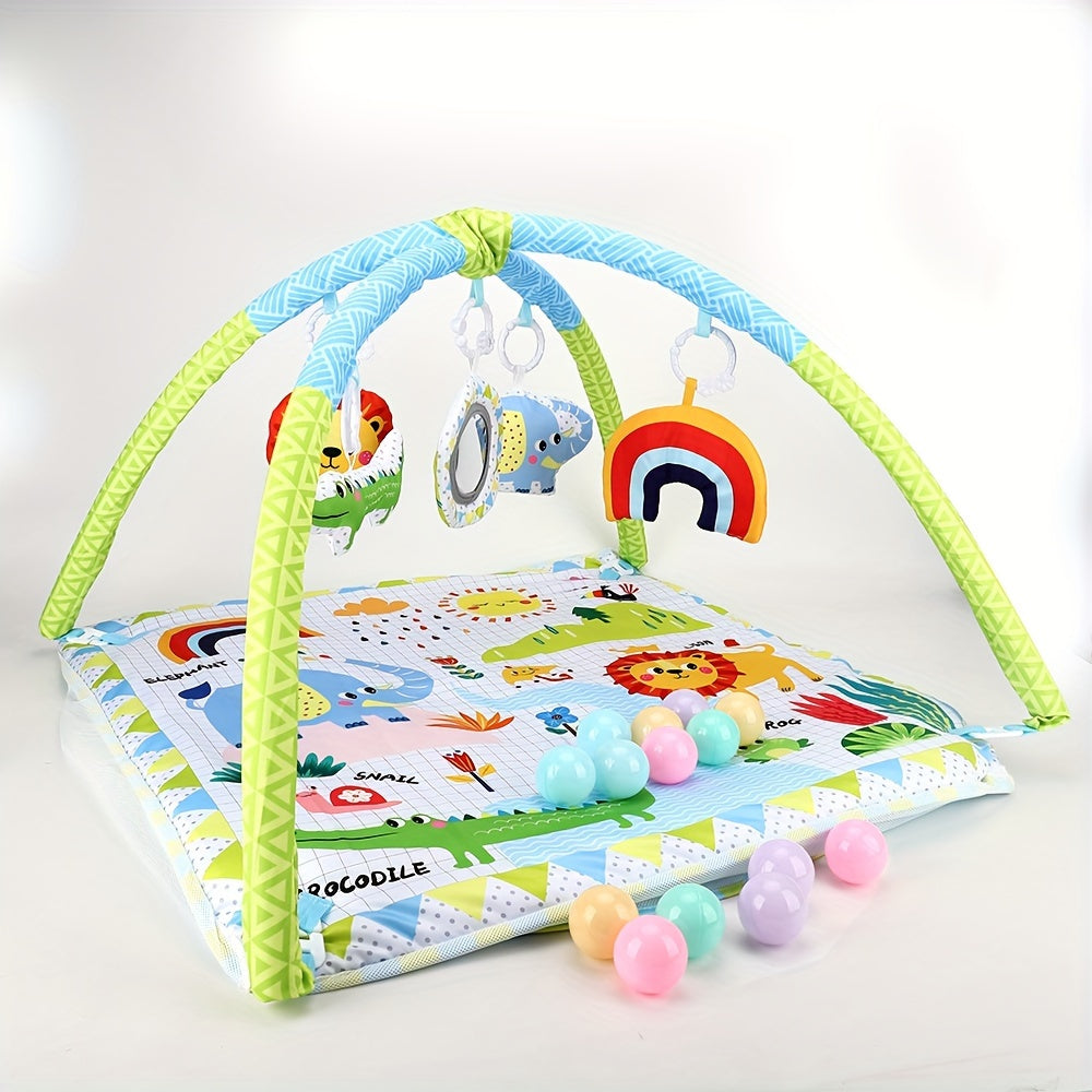 Assembly required, this infant activity center play gym features a multifunctional fence, cloth mat with a jungle animal theme, soft hanging toys, and an educational playmat suitable for newborns up to 3 years old. This would make an ideal gift for