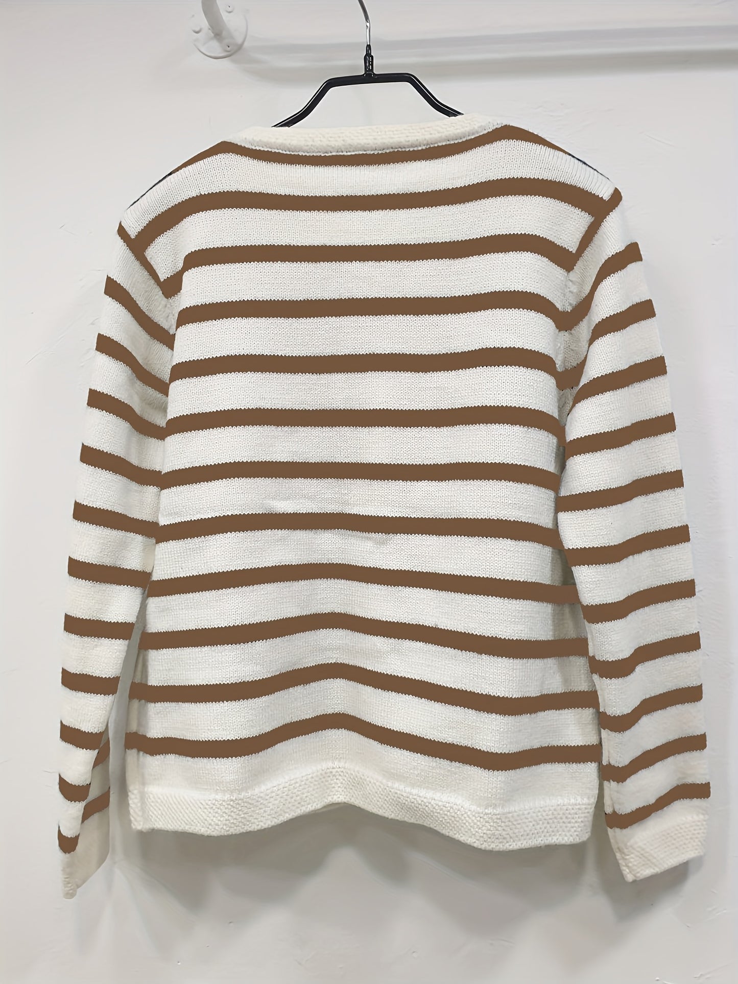 Stylish Striped Knit Cardigan for Women, ideal for Fall layering with button front and long sleeves. Made from high-stretch fabric.