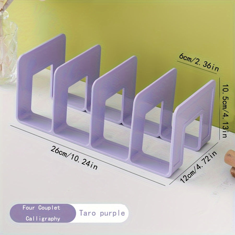 Versatile plastic book organizer for desk or office space-saving storage.