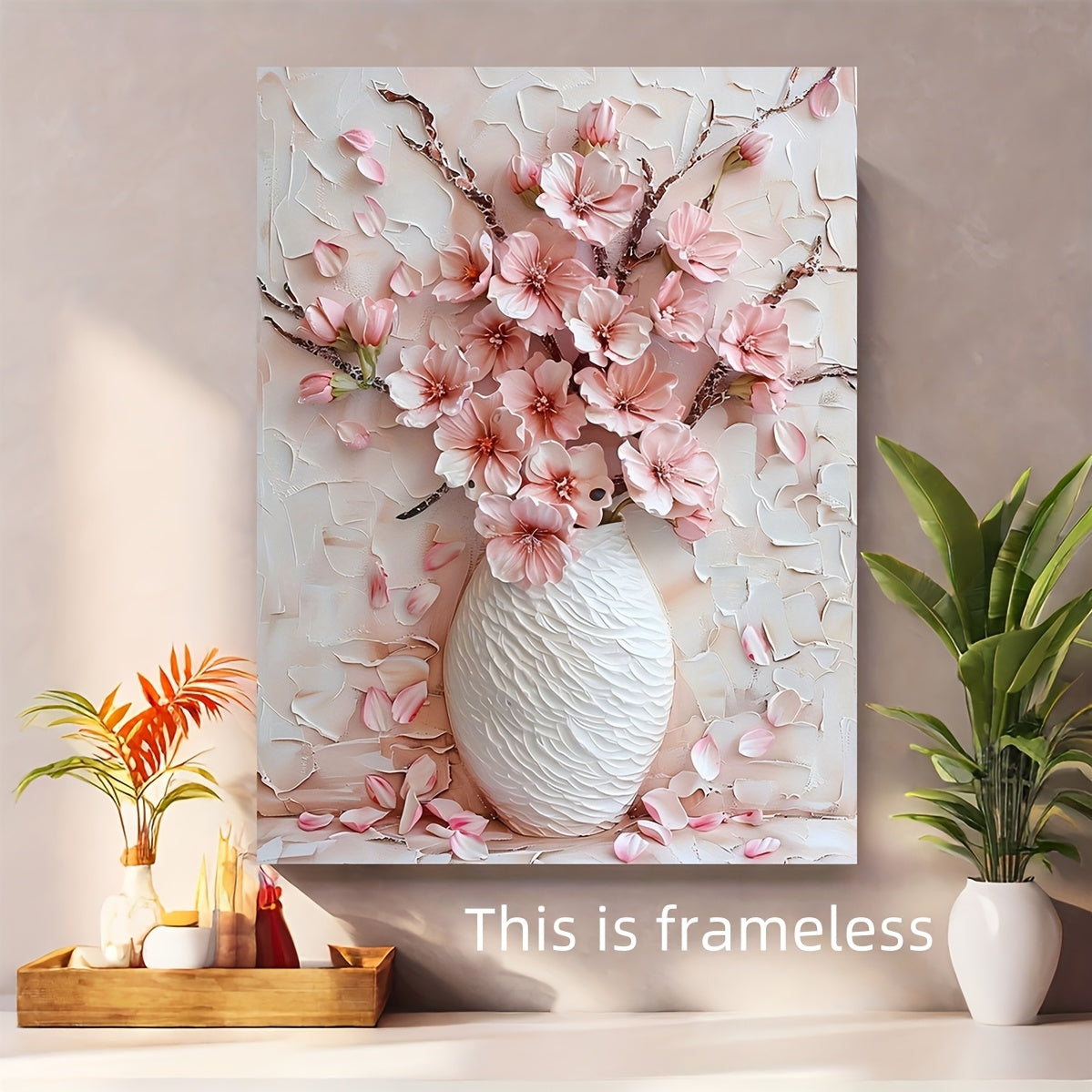 1pc frameless canvas painting featuring a charming pink flower, ideal for wall decoration in homes and offices. Perfect for bedrooms, living rooms, kitchens, and more.