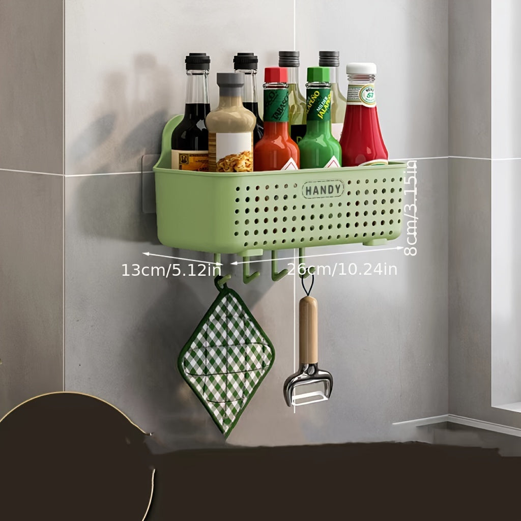 Modern Wall-Mounted Plastic Storage Basket - No Drilling Required! Adhesive Kitchen Organizer for Easy Bathroom and Kitchen Countertop Organization. Simple Installation.