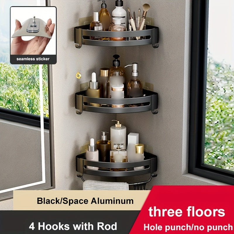 Wall-mounted bathroom storage rack for shampoo, shower gel, and cosmetics; made of space aluminum with no need for drilling.