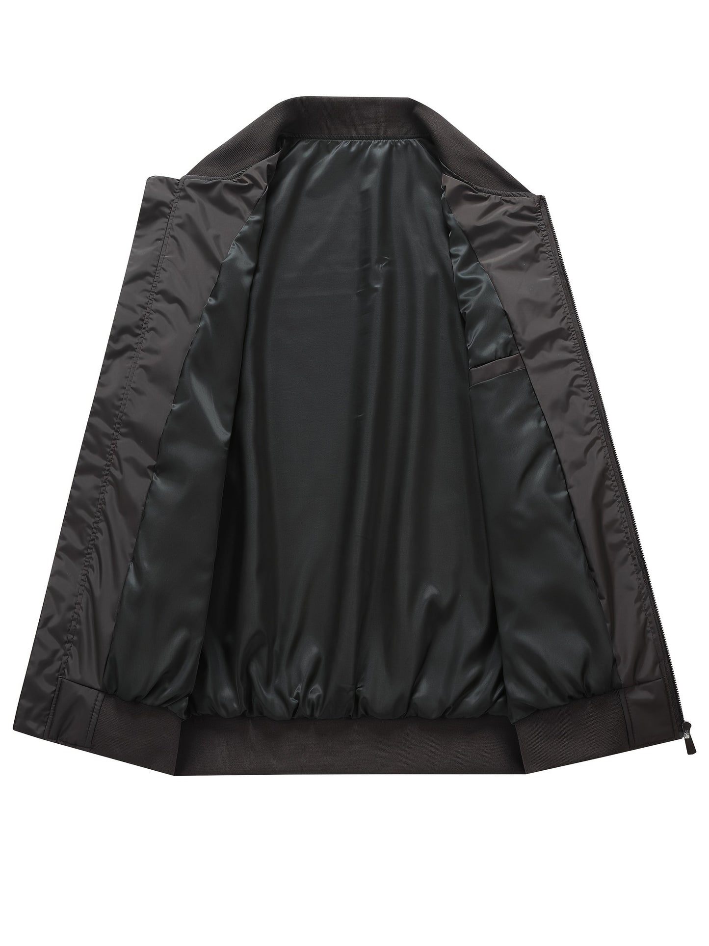 Men's Plus Size Lightweight Black Bomber Jacket with Stand Collar and Zip-Up Closure, Elastic Wrist Detail.