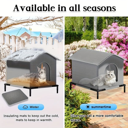 1pc Classic Oxford Cloth Outdoor Cat House with Raised Stand, Double-Sided Mat, Aluminum Foil Insulation, Weatherproof & Insulated Feral Cat Shelter, Pre-Assembled for Multiple Kittens &