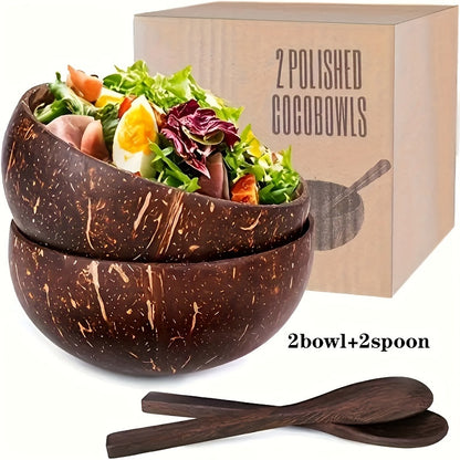 Set of 2 natural coconut bowls for salads, noodles, yogurt, and cereal. Ideal for home and restaurant use.