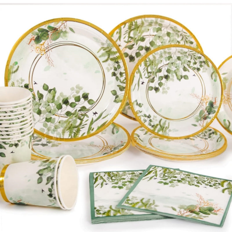 Disposable Green Leaves Themed Tableware Set - Includes 120 Pieces, Ideal for Serving 24 Guests. Perfect for Elegant Party Decor with Paper Plates, Dessert Plates, Napkins, and Paper Cups. Stylish Supplies for Birthdays, Weddings, Festivals