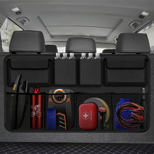 1pc Durable Polyester Car Trunk & Seat Organizer with 8 pockets and adjustable straps for organizing tools, bottles, and accessories.