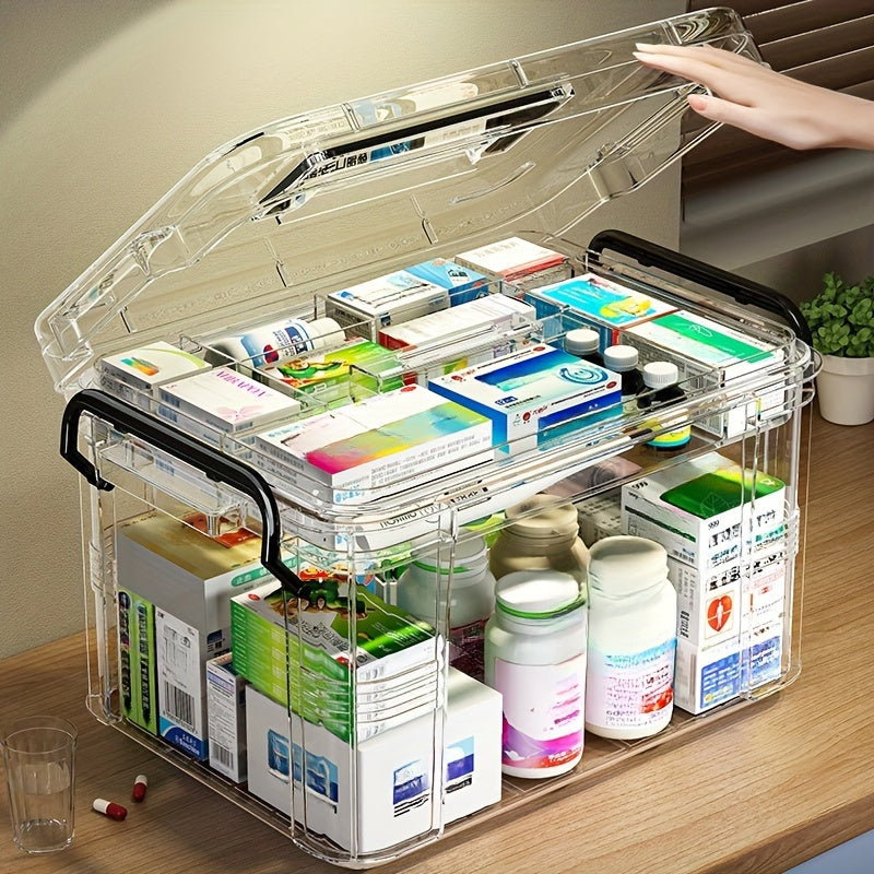 Large double-layer medicine organizer with transparent, waterproof storage for home and travel.