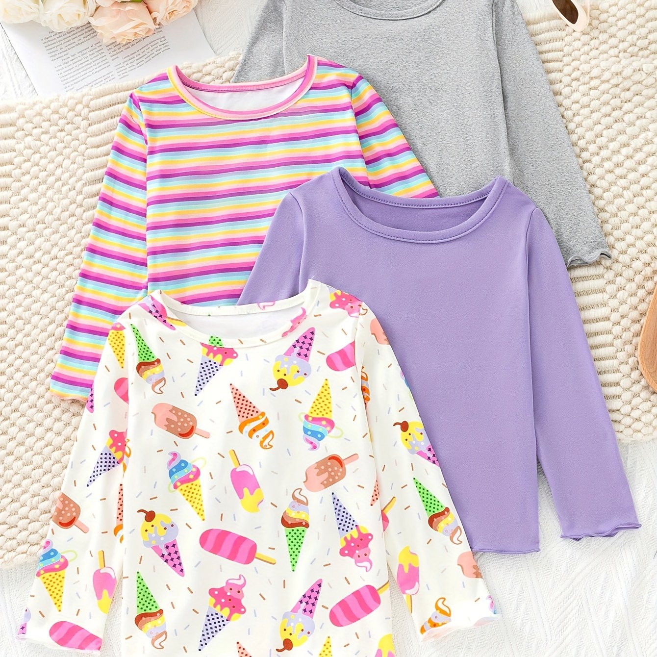 4-piece set of girls' long sleeve t-shirts with solid colors or allover flower patterns, perfect for spring and fall street wear.