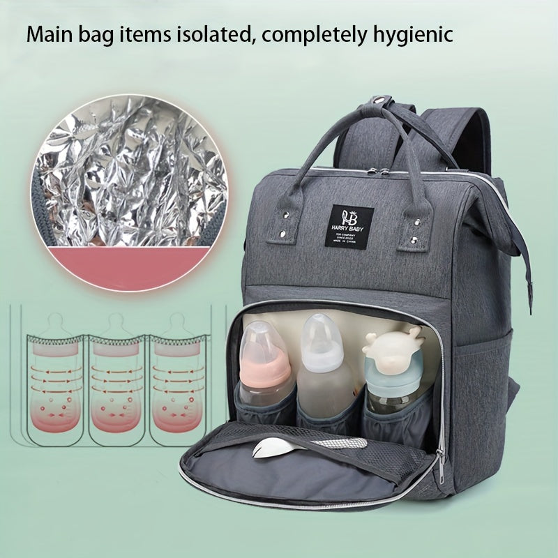 Large waterproof grey mommy backpack with bottle warmer, utility pockets, and soft shell for casual use.