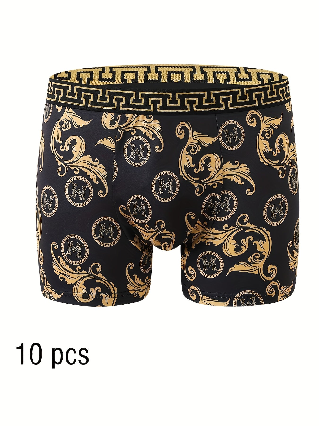 10 Men's Boxer Briefs, Black/Gold Print, High Stretch Polyester, Quick-Dry, Comfort Fit for Golf