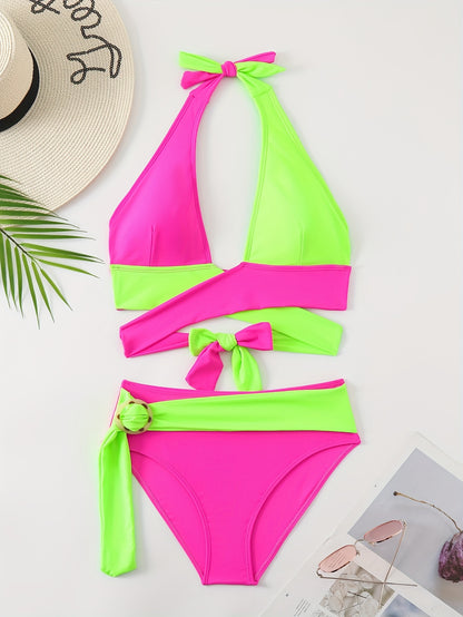 Vibrant green and yellow two-piece bikini set for women, high-waisted with halter neck and ring detail. Made from stretchy nylon/elastane blend for comfort at the beach and poolside.