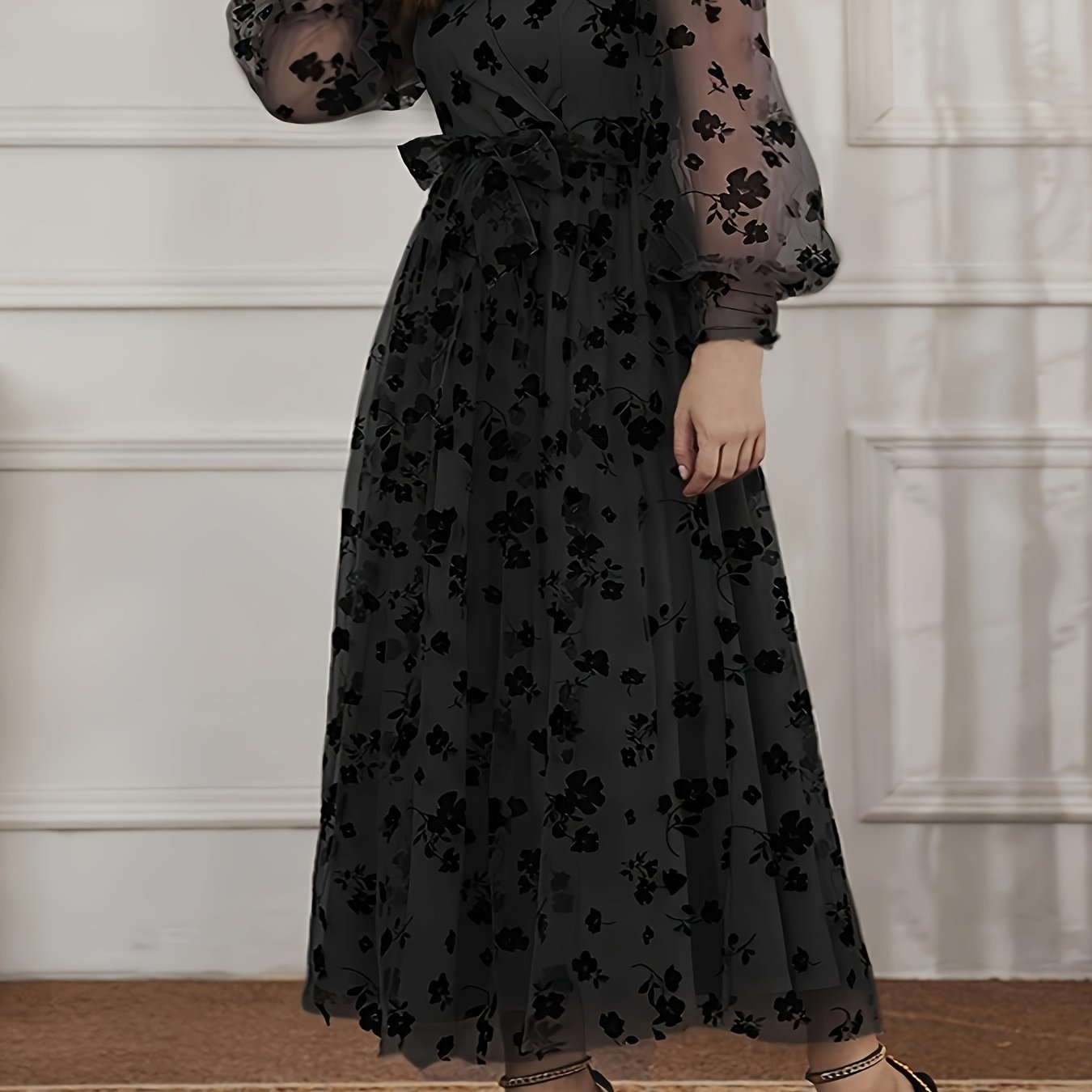 Plus size floral pattern belted dress with long sleeves and surplice neck for spring and fall, women's plus size clothing.