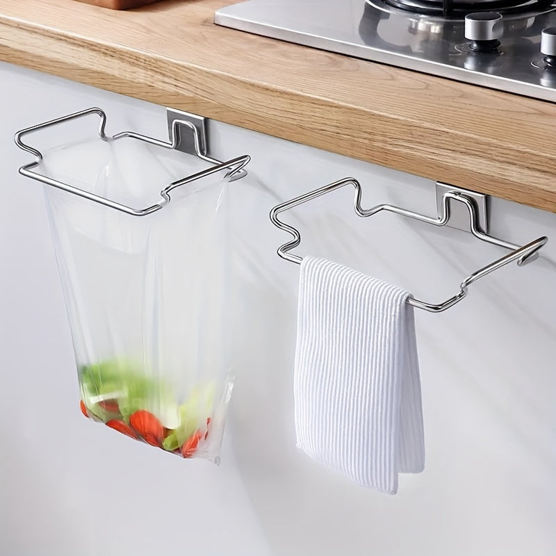 Stainless Steel Bag Holder Organizer for Cabinet Door, Hanging Plastic Bag Storage Rack, Multi-functional No-Drill Shelf for Kitchen